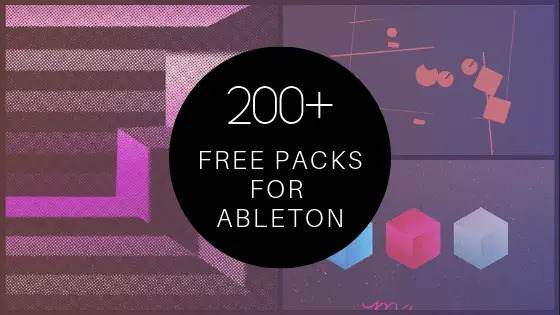 The graphic prominently displays the text "200+ FREE PACKS FOR ABLETON" within a circular black overlay. Its background is segmented into various sections adorned with abstract geometric shapes and vibrant designs, including a juxtaposition of pink and gray patterns, scattered dots, and an array of colorful cubes.