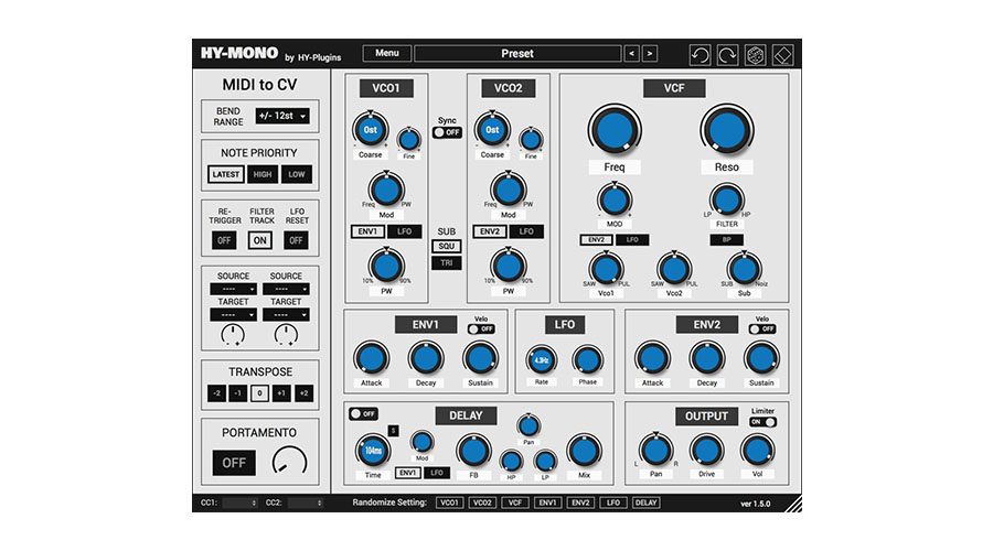 A screenshot of the HY-MONO synthesizer plug-in interface shows various controls including MIDI to CV settings, VCO1 and VCO2 sections with knobs for waveforms and tuning, a VCF section, LFO and ENV controls, delay settings, and a portamento function button.