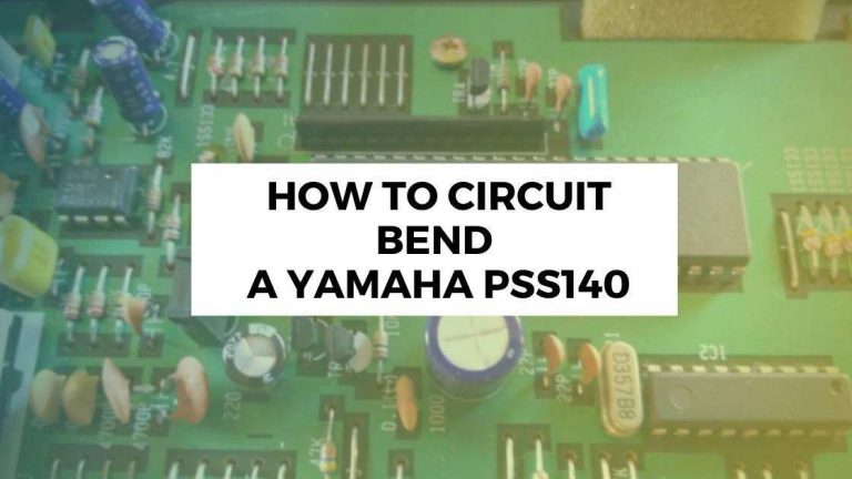 The detailed circuit board features various electronic components such as capacitors and resistors, while the overlaid text in the center clearly states, "HOW TO CIRCUIT BEND A YAMAHA PSS140.