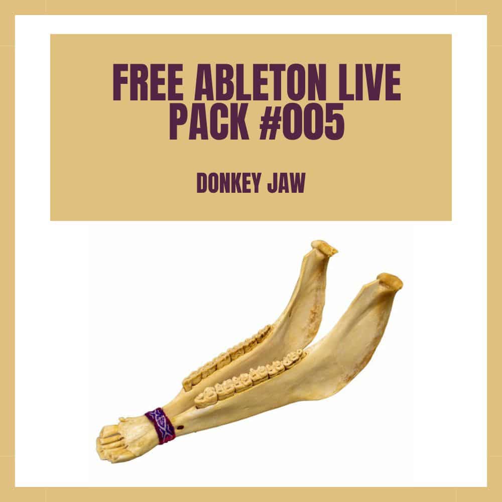 Promotional material for Free Ableton Live Pack #005 showcases a sound sample titled "Donkey Jaw." The artwork features a meticulously detailed illustration of a donkey jawbone adorned with a purple ribbon, capturing the essence of the unique sample.