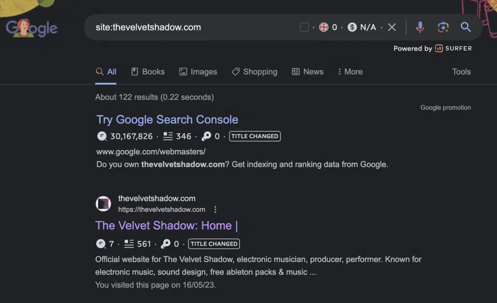 Screenshot showing a Google Site Search for "site:thevelvetshadow.com"