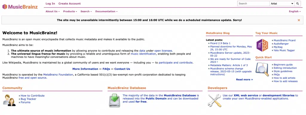 Screen shot of MusicBrainz website