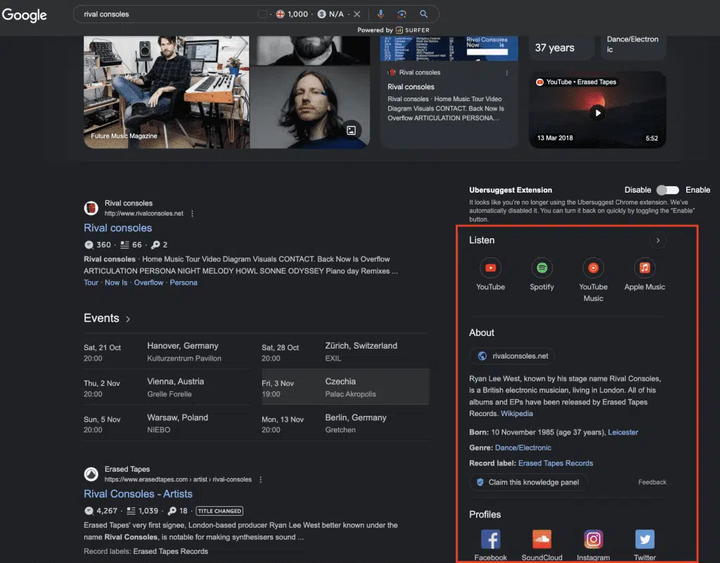 Screen shot of Google Knowledge Panel, highlighted in red, for the musician Rival Consoles,