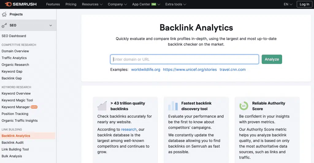 Screen shot of SEMrush Backlink Analytic webpage.