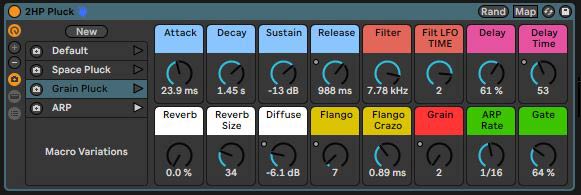 Screenshot of Ableton Instrument Rack featuring the parameters for a 2HP Pluck synthesizer module. The interface includes several knobs and sliders such as Attack, Decay, Sustain, Release, Filter, Filter LFO Time, Delay, and Delay Time. Each control element has corresponding values indicated beside them to provide precise adjustments to the sound parameters.