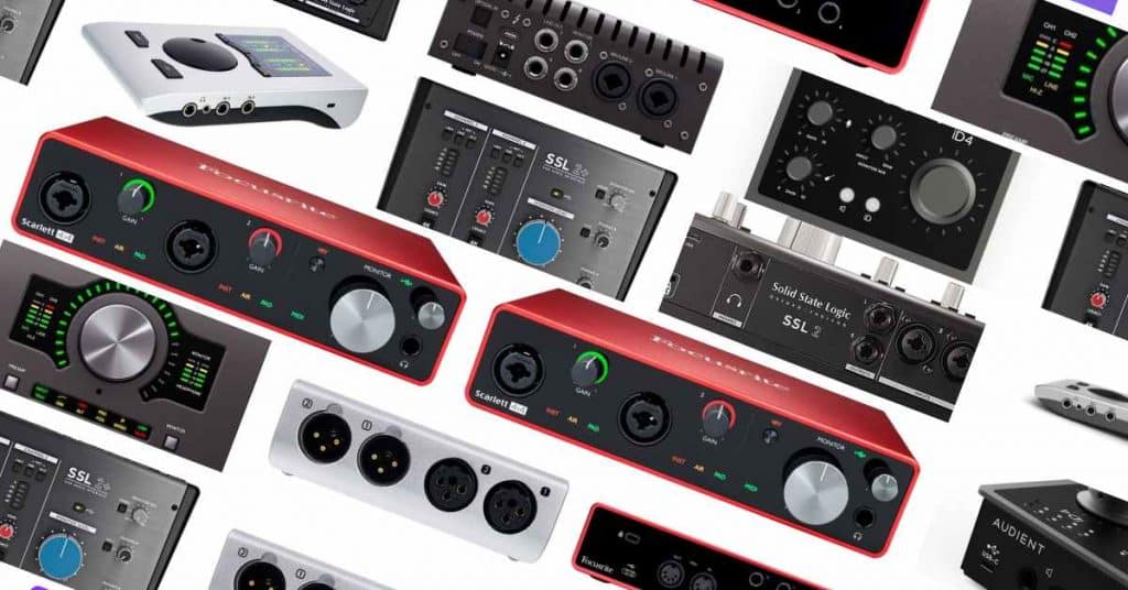 A collage of various audio interfaces and recording equipment, featuring brands like Focusrite and SSL, showcases a mix of USB and XLR inputs, knobs, and displays. The devices predominantly exhibit colors such as red, black, and silver.