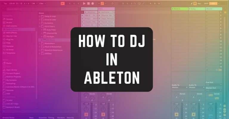 A computer screen showcasing music production software prominently features overlay text in the center that reads "HOW TO DJ IN ABLETON" in bold, white, capital letters. The background displays a gradient of vibrant colors including purple, pink, green, and yellow.