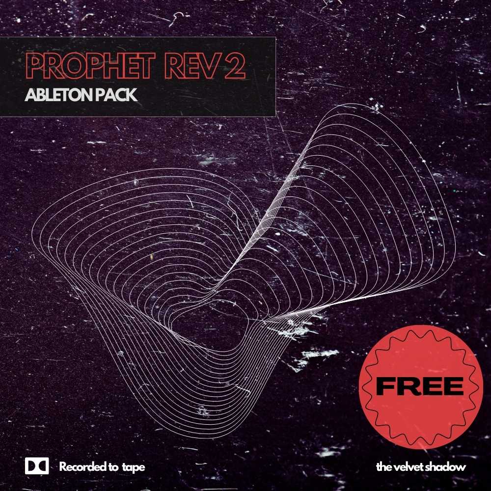 The cover for "Prophet Rev 2 Ableton Pack" by The Velvet Shadow features a complex, abstract wireframe design against a dark, textured background. A red seal clearly indicates "Free," and icons for "Recorded to tape" are displayed in the bottom left corner.