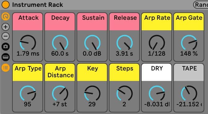 Displayed is an Ableton instrument rack. Parameters such as Attack, Decay, Sustain, and Release are visible with corresponding values and rotary knobs. Additional settings include Arp Rate, Arp Gate, Key, and Tape controls.