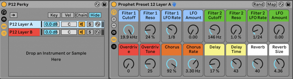 Screenshot of Ableton Instrument Rack interface displays the settings for Prophet Preset 12 Layer A. Visible controls include knobs and buttons for manipulating Filter 1 Cutoff, Filter 1 Resonance, LFO Amount, Overdrive, Chorus, Delay, and Reverb parameters.