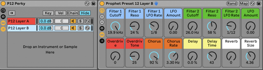 Screenshot of Ableton Instrument Rack for the Prophet Rev 2 pack. Various settings are available for a sound sample consisting of two layers. Each layer offers adjustable filters, resonance, LFO amount, cutoff, drive, tone, chorus, delay, and reverb. Additionally, buttons to hide or mute each layer are featured.