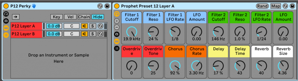 Screenshot of Ableton Instrument Rack "P12 Perky" with two layers (A and B), each equipped with volume controls and various other settings. On the right, "Prophet-Preset 12 layer A" displays adjustable settings for filter cutoff, resonance, LFO rate, alongside effects including overdrive, chorus, delay, and reverb.