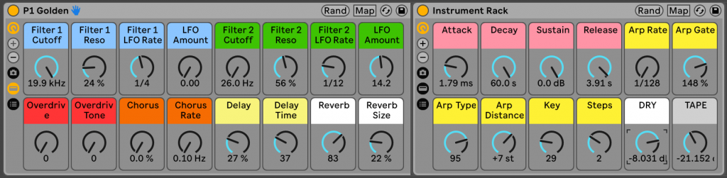 Screenshot of Ableton Instrument Rack. The left side shows adjustable knobs labeled for filter, LFO, overdrive, chorus, and reverb effects. Meanwhile, the right side features settings for instrument racks including attack, decay, sustain, release, and additional options.