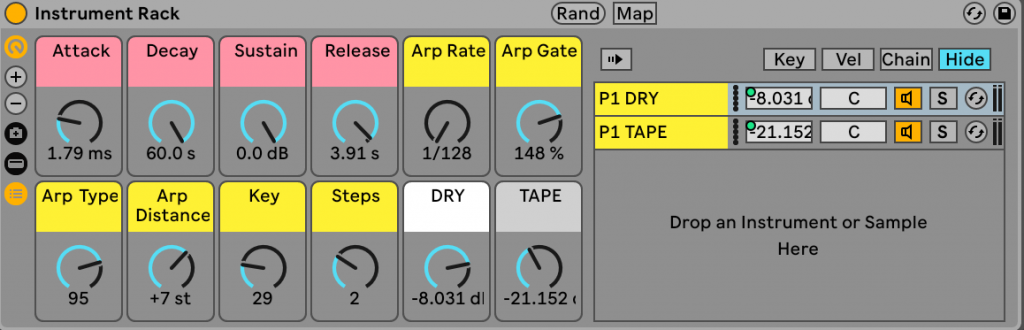 Screenshot of Ableton Instrument Rack where you can shape sound with various controls: Attack, Decay, Sustain, Release, Arp Rate, and Arp Gate. This module also includes settings for Arp Type, Arp Distance, Key, and Steps alongside toggles for P1 DRY and P1 TAPE.