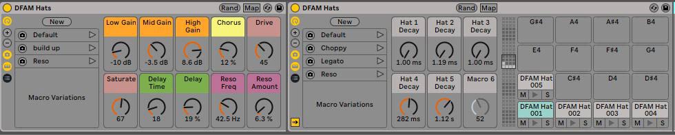 The screenshot displays an Ableton Rack emphasizing two specific sections: "DFAM Percussion" and "DFAM Hats." Various sound modification controls are present, including gain, drive, and chorus effects.