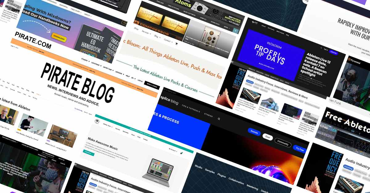 Displayed is a collage of various website pages focused on music production and technology. Prominent elements encompass website headers, articles, tutorials, and advertisements covering subjects such as Ableton, Pro-Tip Days, alongside various music production tips and tools.