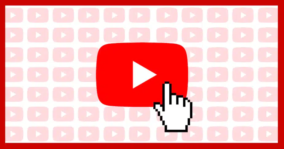 A white play button at the center of a red YouTube logo is prominently displayed. In the foreground, a pixelated hand cursor points towards it, creating a sense of interaction. The background features a pattern of smaller, faded YouTube logos, adding depth to the image. Red borders frame the entire scene, maintaining thematic consistency with the primary logo color.