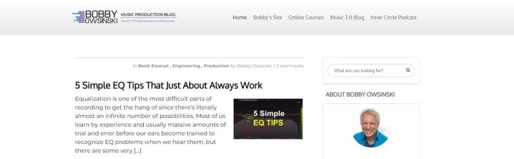 Screenshot of a blog page titled "5 Simple EQ Tips That Just About Always Work" by Bobby Owsinski. The page includes text about equalization and its complexities, a search bar, and a sidebar with a photo of a person. The blog is under Bobby Owsinski's Music Production.