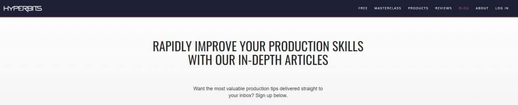 Screenshot of the Hyperbits website featuring a dark menu bar with options such as "Free", "Masterclass", "Products", "Reviews", "Blog", "About", and "Log In". The main section has text promoting in-depth articles for improving production skills and an invitation to sign up.