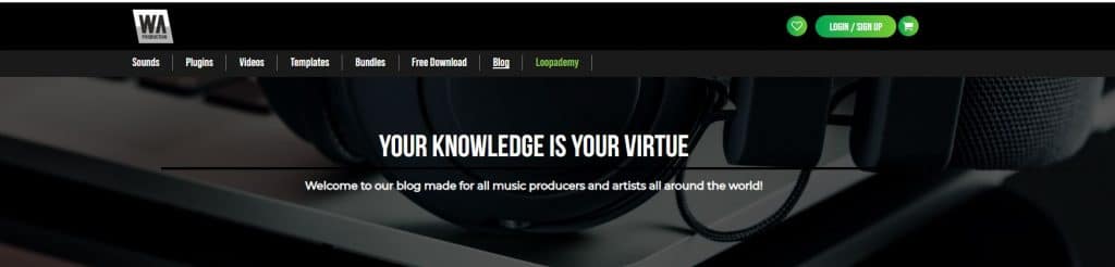 Screenshot of the W. A. Production website's blog page. The top menu features links to Sounds, Plugins, Videos, Templates, Bundles, Free Download, and Blog. The highlighted text says "YOUR KNOWLEDGE IS YOUR VIRTUE" with a subheading welcoming music producers and artists.